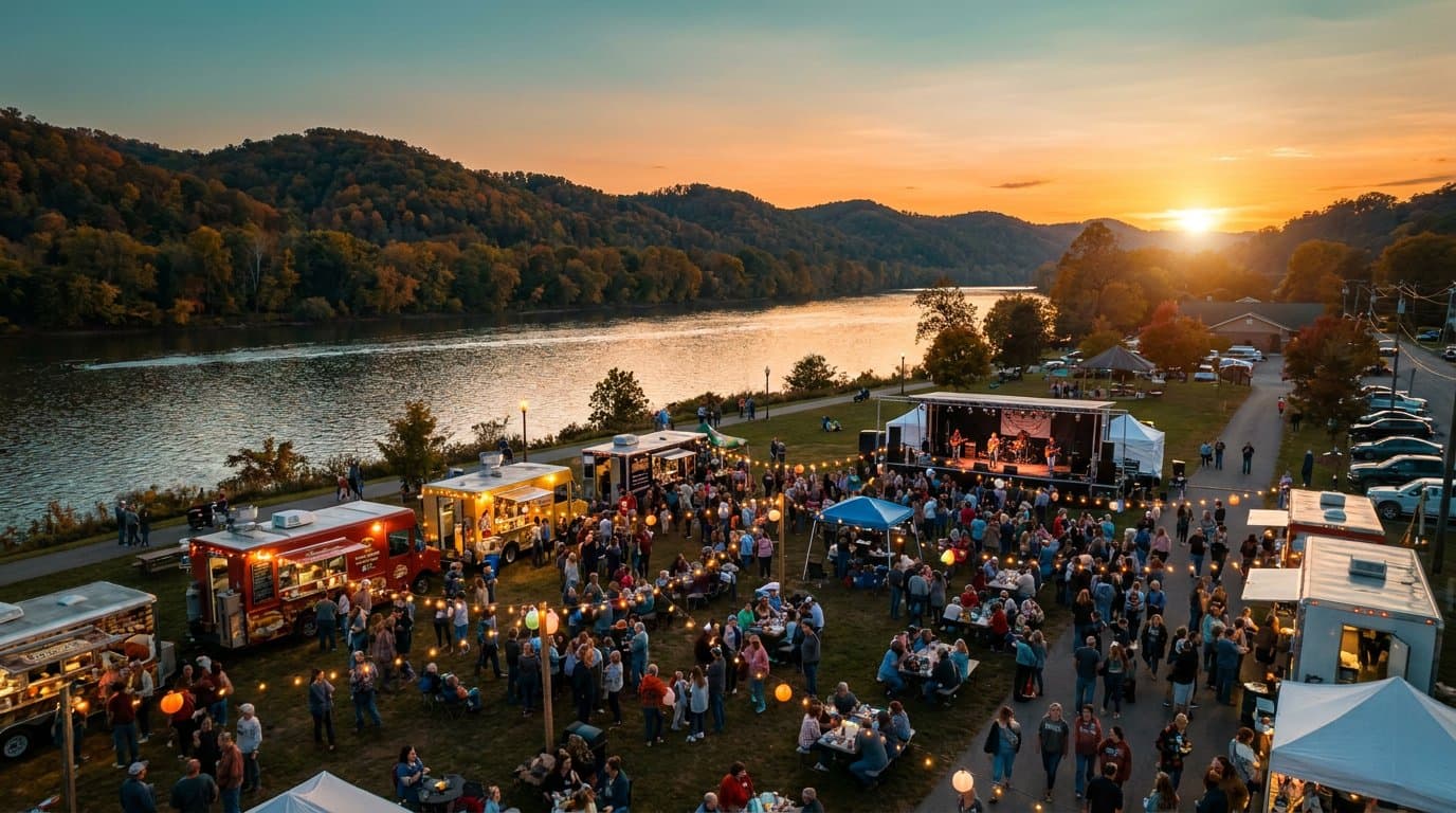 Golden hour aerial view of a Mid-Ohio Valley community festival with food trucks, string lights, a live stage, and a riverside crowd, a sample of Horizon Heights event production.
