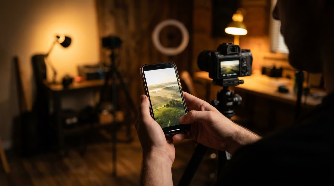 Content creator reviewing a vertical short-form reel of a Mid-Ohio Valley drone shot on a smartphone alongside professional camera gear, a sample of Horizon Heights social media production.