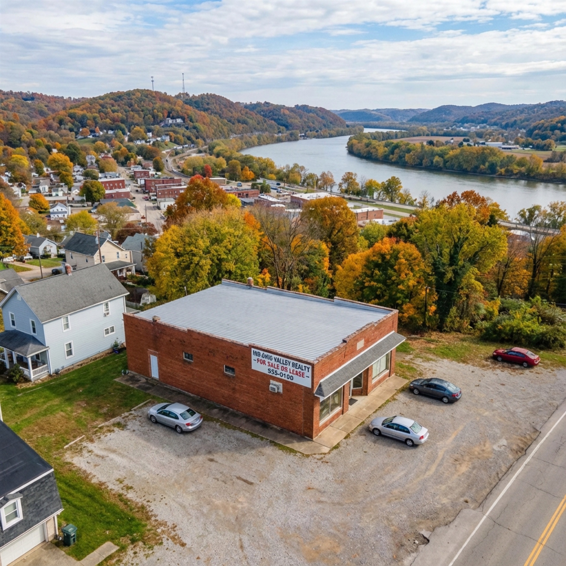 Aerial drone photograph of a commercial property complex showing building footprint, parking lot, and surrounding infrastructure