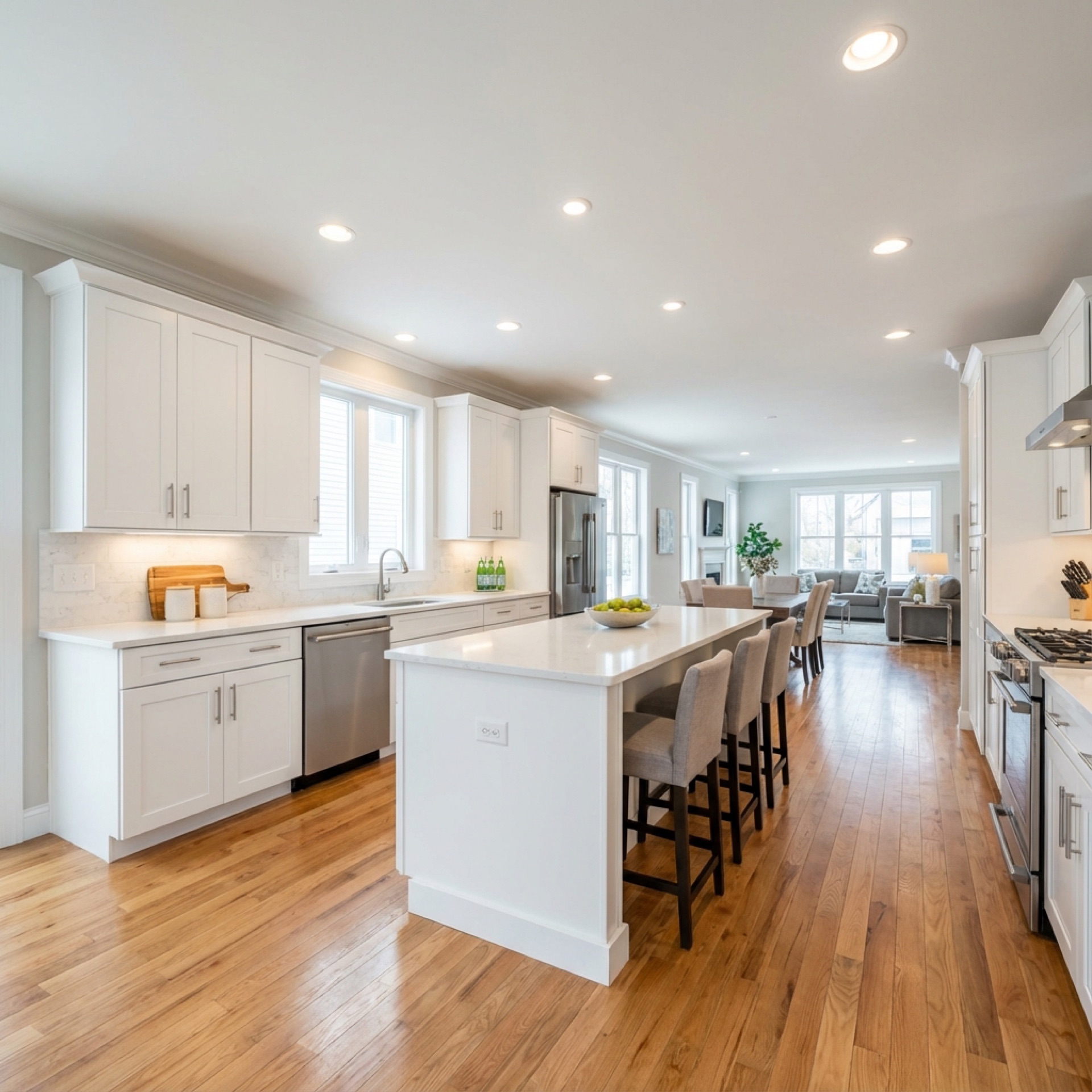 Professional interior photo of a modern kitchen with granite countertops, stainless steel appliances, and recessed lighting