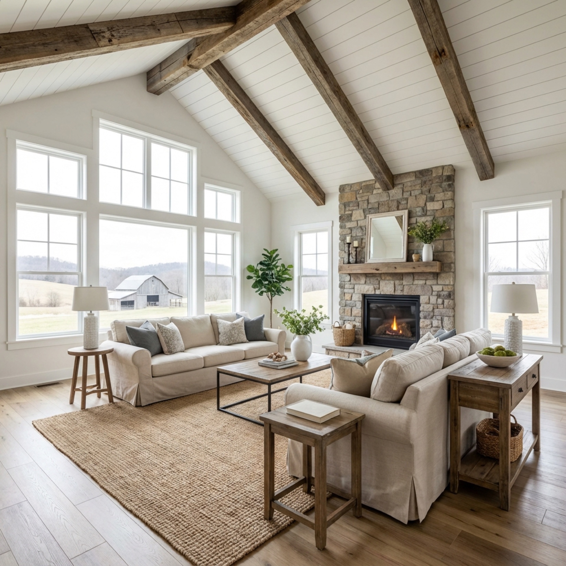 Bright HDR interior photograph of a spacious living room with natural window light, hardwood floors, and neutral staging